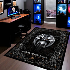 Suzuki Hayabusa Ornate Area Flat Rug | Luxury Superbike Persian Style Rug for Living Room, Gaming Room & Motorcycle Decor