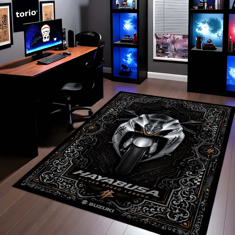 Suzuki Hayabusa Ornate Area Flat Rug | Luxury Superbike Persian Style Rug for Living Room, Gaming Room & Motorcycle Decor