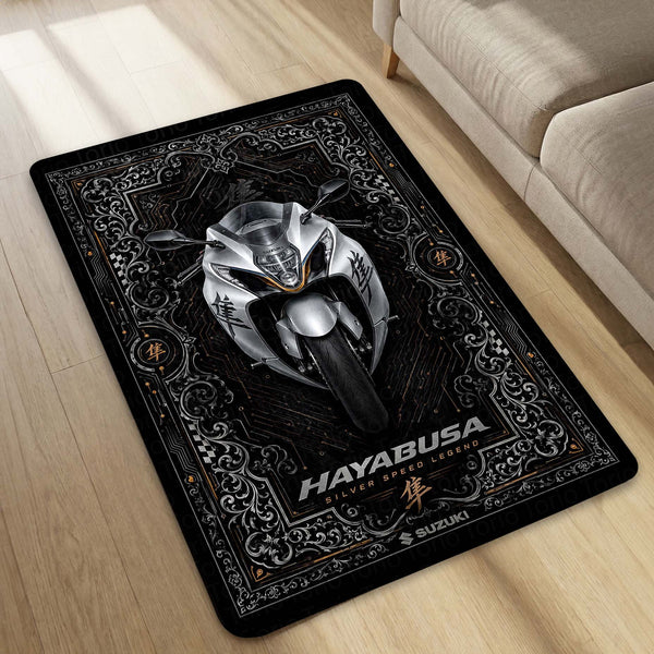 Suzuki Hayabusa Ornate Area Flat Rug | Luxury Superbike Persian Style Rug for Living Room, Gaming Room & Motorcycle Decor