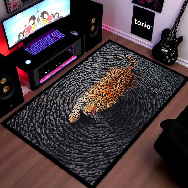 Leopard Swirl Illusion Area Rug | 3D Optical Pattern Animal Floor Mat | Modern Aesthetic Rug for Bedroom, Living Room & Gaming Setup | Anti-Slip 3 mm Washable Floor Mat
