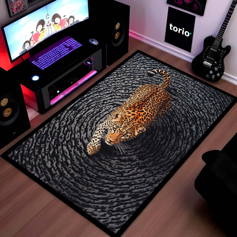 Leopard Swirl Illusion Area Rug | 3D Optical Pattern Animal Floor Mat | Modern Aesthetic Rug for Bedroom, Living Room & Gaming Setup | Anti-Slip 3 mm Washable Floor Mat
