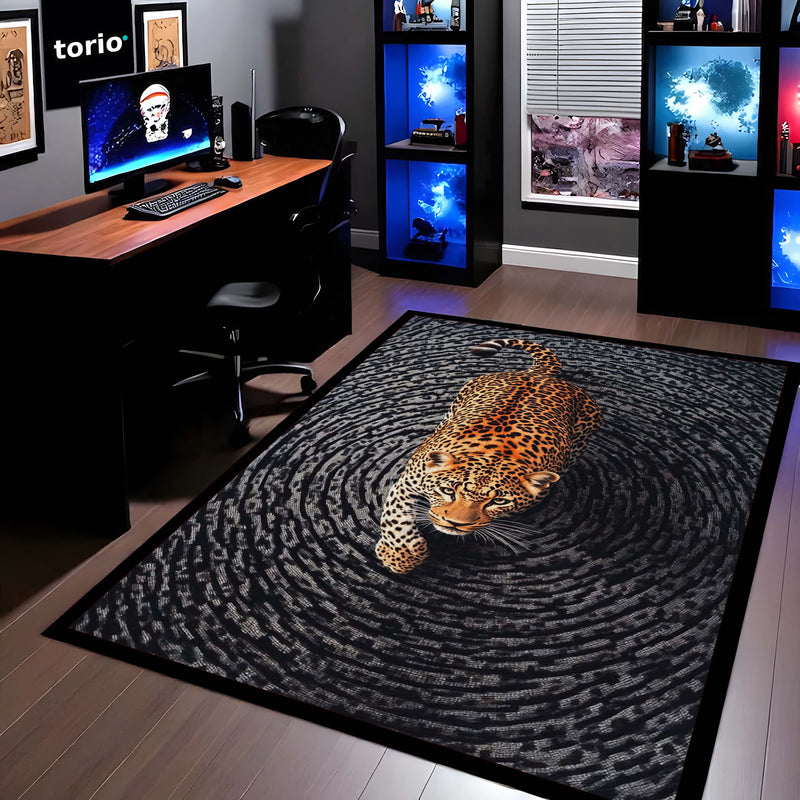 Leopard Swirl Illusion Area Rug | 3D Optical Pattern Animal Floor Mat | Modern Aesthetic Rug for Bedroom, Living Room & Gaming Setup | Anti-Slip 3 mm Washable Floor Mat