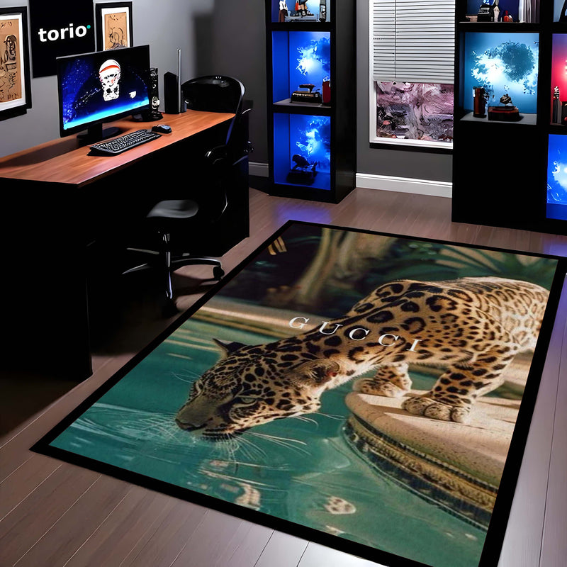 Leopard Luxury Aesthetic Area Rug | Wild Animal Print Floor Mat | Premium Modern Rug for Bedroom, Living Room & Gaming Setup | Anti-Slip 3 mm Washable Floor Mat