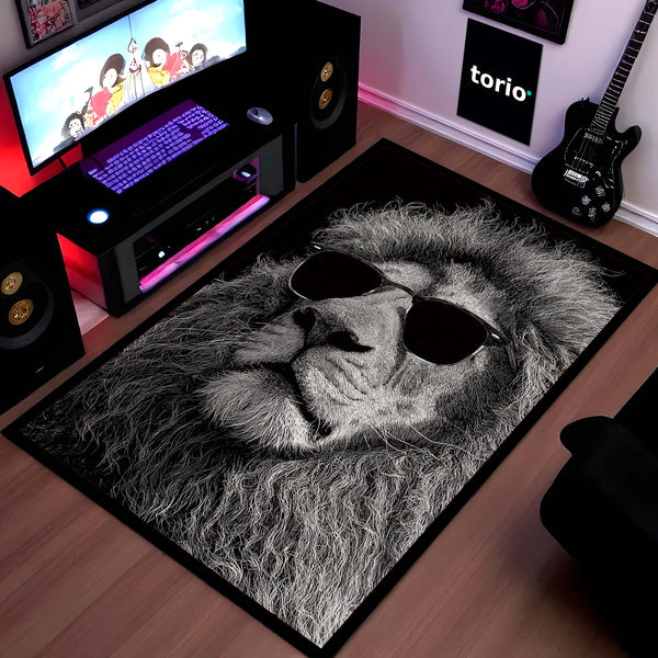 Cool Lion Sunglasses Area Rug | Stylish Animal Floor Mat | Modern Aesthetic Rug for Bedroom, Living Room & Gaming Setup | Anti-Slip 3 mm Washable Floor Mat