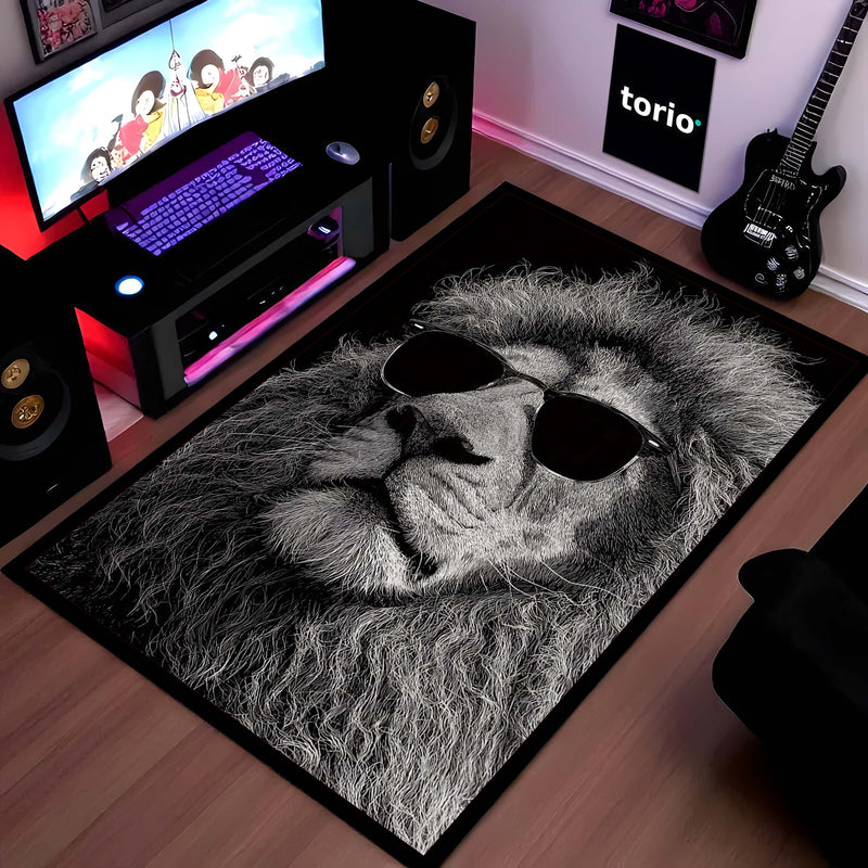 Cool Lion Sunglasses Area Rug | Stylish Animal Floor Mat | Modern Aesthetic Rug for Bedroom, Living Room & Gaming Setup | Anti-Slip 3 mm Washable Floor Mat