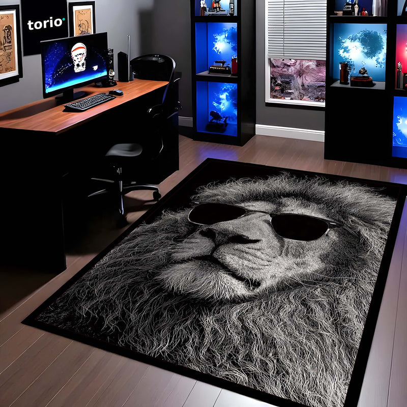 Cool Lion Sunglasses Area Rug | Stylish Animal Floor Mat | Modern Aesthetic Rug for Bedroom, Living Room & Gaming Setup | Anti-Slip 3 mm Washable Floor Mat