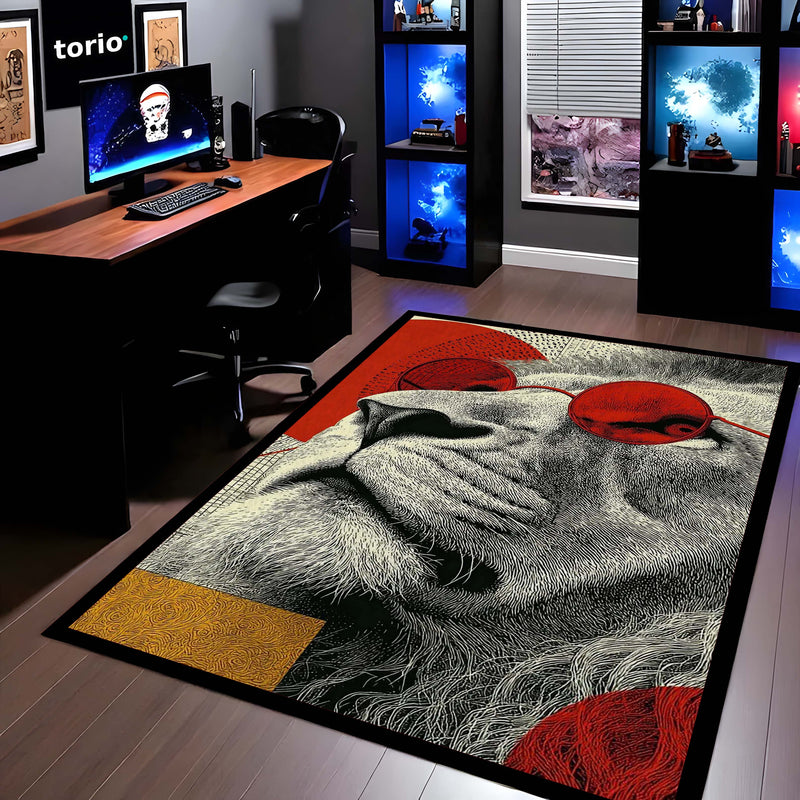 Lion Red Sunglasses Area Rug | Modern Artistic Animal Floor Mat | Aesthetic Statement Rug for Bedroom, Living Room & Gaming Setup | Anti-Slip 3 mm Washable Floor Mat