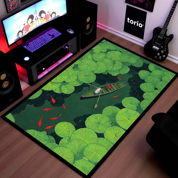 Lotus Pond Boat Area Rug | Nature Aesthetic Floor Mat | Scenic Water Lily Design Rug for Living Room, Bedroom & Meditation Space | Anti-Slip 3 mm Washable Mat