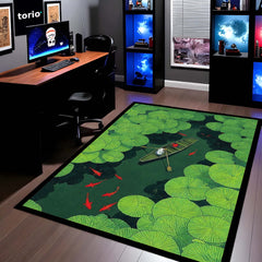 Lotus Pond Boat Area Rug | Nature Aesthetic Floor Mat | Scenic Water Lily Design Rug for Living Room, Bedroom & Meditation Space | Anti-Slip 3 mm Washable Mat