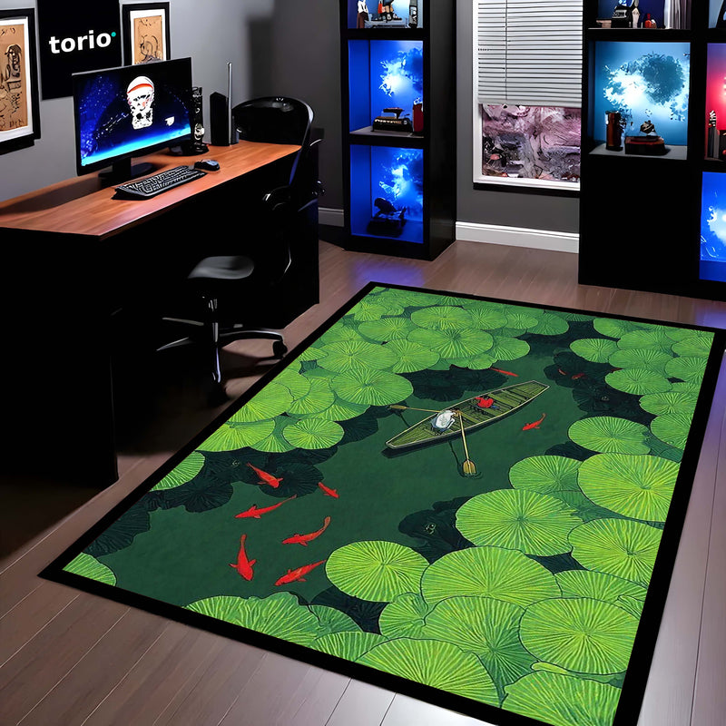 Lotus Pond Boat Area Rug | Nature Aesthetic Floor Mat | Scenic Water Lily Design Rug for Living Room, Bedroom & Meditation Space | Anti-Slip 3 mm Washable Mat