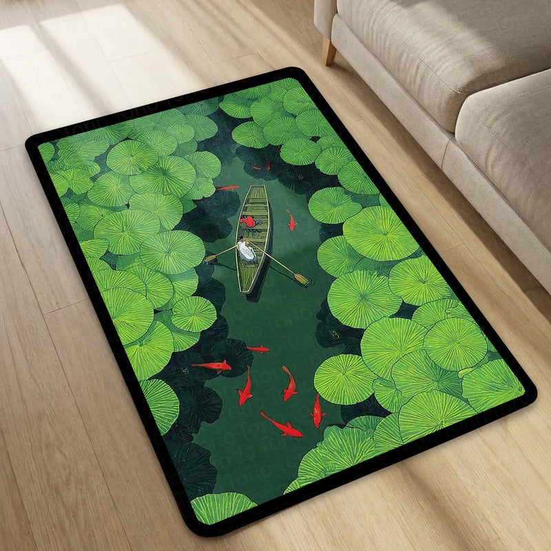 Lotus Pond Boat Area Rug | Nature Aesthetic Floor Mat | Scenic Water Lily Design Rug for Living Room, Bedroom & Meditation Space | Anti-Slip 3 mm Washable Mat
