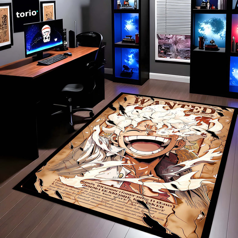 Monkey D. Luffy Gear 5 Wanted Poster Area Flat Rug | One Piece Gear Fifth Anime Flat Rug | Premium Anime Gaming Room Area Floor Decor