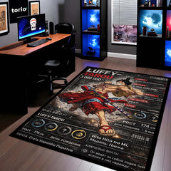 Anime Warrior Stats Area Rug | Luffy Tarou Inspired Floor Mat | Anime Character Data Style Rug | Gaming Room Anime Carpet | Anti-Slip 3 mm Washable Floor Mat