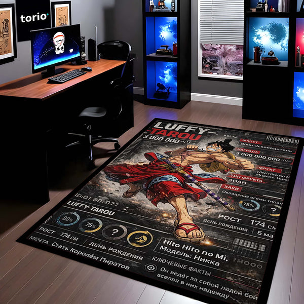 Anime Warrior Stats Area Rug | Luffy Tarou Inspired Floor Mat | Anime Character Data Style Rug | Gaming Room Anime Carpet | Anti-Slip 3 mm Washable Floor Mat