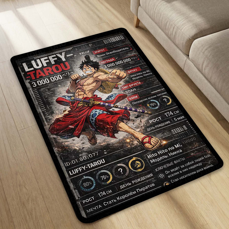 Anime Warrior Stats Area Rug | Luffy Tarou Inspired Floor Mat | Anime Character Data Style Rug | Gaming Room Anime Carpet | Anti-Slip 3 mm Washable Floor Mat