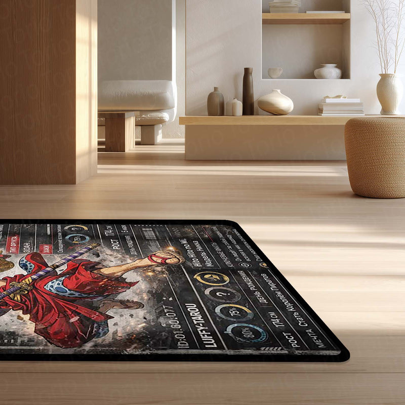 Anime Warrior Stats Area Rug | Luffy Tarou Inspired Floor Mat | Anime Character Data Style Rug | Gaming Room Anime Carpet | Anti-Slip 3 mm Washable Floor Mat