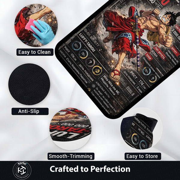 Anime Warrior Stats Area Rug | Luffy Tarou Inspired Floor Mat | Anime Character Data Style Rug | Gaming Room Anime Carpet | Anti-Slip 3 mm Washable Floor Mat