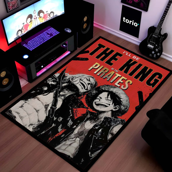 Pirate King Anime Area Rug | Luffy & Shanks Inspired Floor Mat | Anime Gaming Room Rug | Red Aesthetic Anime Carpet for Bedroom & Otaku Decor | Anti-Slip 3 mm Washable Mat