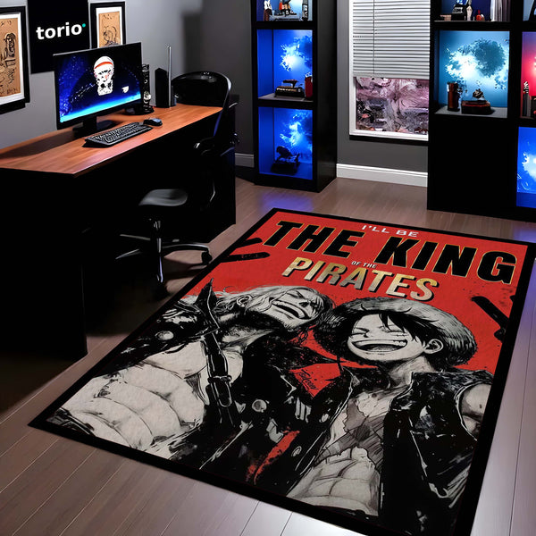 Pirate King Anime Area Rug | Luffy & Shanks Inspired Floor Mat | Anime Gaming Room Rug | Red Aesthetic Anime Carpet for Bedroom & Otaku Decor | Anti-Slip 3 mm Washable Mat