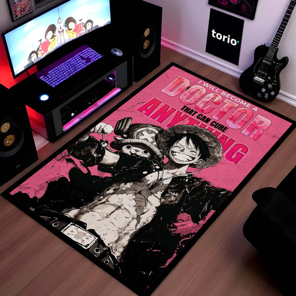 Anime Pirate King Quote Area Rug | Luffy Inspired Floor Mat | “Doctor That Can Cure Anything” Anime Rug | Pink Aesthetic Gaming Room Carpet | Anti-Slip 3 mm Washable Mat