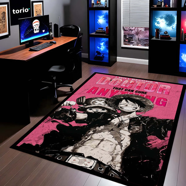 Anime Pirate King Quote Area Rug | Luffy Inspired Floor Mat | “Doctor That Can Cure Anything” Anime Rug | Pink Aesthetic Gaming Room Carpet | Anti-Slip 3 mm Washable Mat