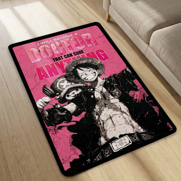 Anime Pirate King Quote Area Rug | Luffy Inspired Floor Mat | “Doctor That Can Cure Anything” Anime Rug | Pink Aesthetic Gaming Room Carpet | Anti-Slip 3 mm Washable Mat