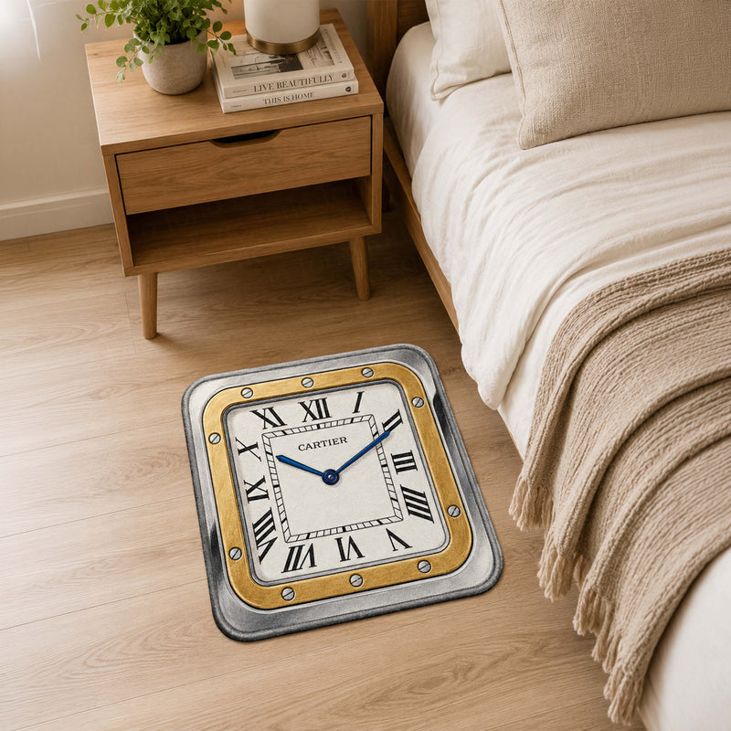 Luxury Cartier Santos Watch Face Flat Rug | Square Luxury Watch Area Rug | Premium Timepiece Floor Mat for Bedroom, Gaming Room & Collector Décor
