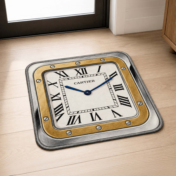 Luxury Cartier Santos Watch Face Flat Rug | Square Luxury Watch Area Rug | Premium Timepiece Floor Mat for Bedroom, Gaming Room & Collector Décor