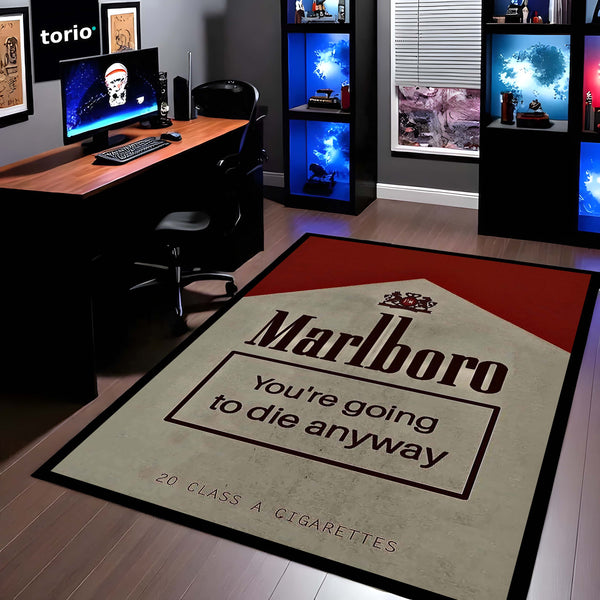 Vintage Marlboro Racing Inspired Area Rug | Classic Retro Motorsport Floor Mat | Iconic Tobacco Brand Heritage Decor for Garage, Man Cave & Race Enthusiast Spaces