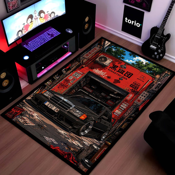 Mercedes-Benz 190E Evolution II JDM Garage Area Flat Rug | Classic Mercedes 190E EVO II Performance Car Flat Rug | Premium Automotive Gaming Room Area Floor Decor