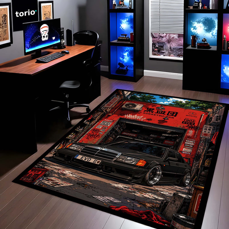 Mercedes-Benz 190E Evolution II JDM Garage Area Flat Rug | Classic Mercedes 190E EVO II Performance Car Flat Rug | Premium Automotive Gaming Room Area Floor Decor
