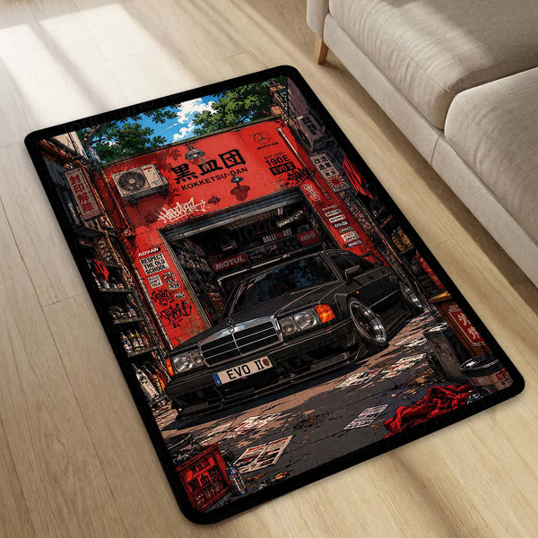 Mercedes-Benz 190E Evolution II JDM Garage Area Flat Rug | Classic Mercedes 190E EVO II Performance Car Flat Rug | Premium Automotive Gaming Room Area Floor Decor