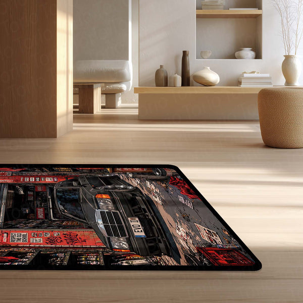 Mercedes-Benz 190E Evolution II JDM Garage Area Flat Rug | Classic Mercedes 190E EVO II Performance Car Flat Rug | Premium Automotive Gaming Room Area Floor Decor