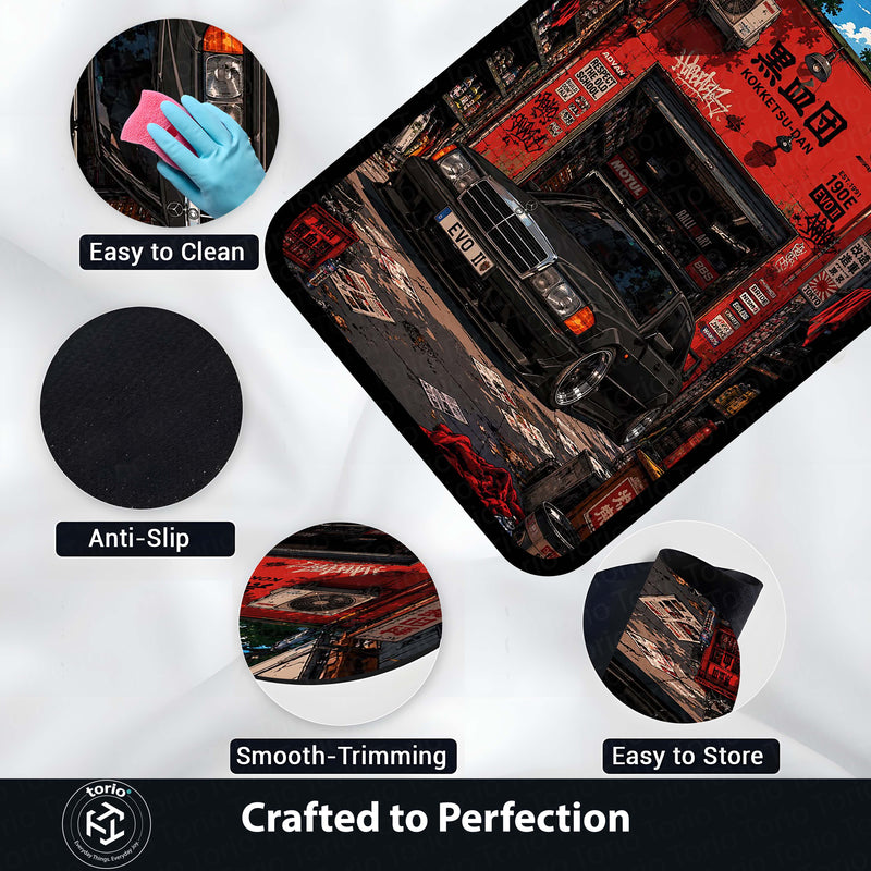 Mercedes-Benz 190E Evolution II JDM Garage Area Flat Rug | Classic Mercedes 190E EVO II Performance Car Flat Rug | Premium Automotive Gaming Room Area Floor Decor