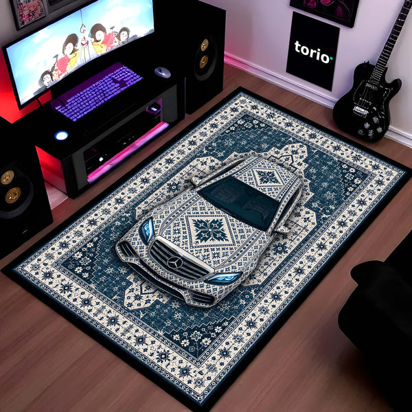 Mercedes Snowflake Pattern Area Rug | Scandinavian Luxury Car Floor Mat | Nordic Blue Ceramic Style Rug for Bedroom, Gaming Room & Modern Home Decor