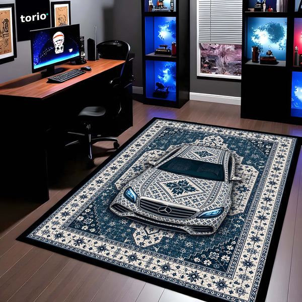 Mercedes Snowflake Pattern Area Rug | Scandinavian Luxury Car Floor Mat | Nordic Blue Ceramic Style Rug for Bedroom, Gaming Room & Modern Home Decor