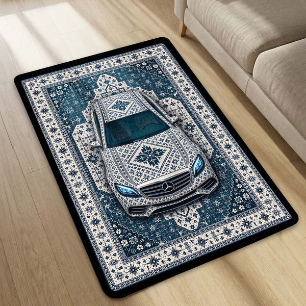 Mercedes Snowflake Pattern Area Rug | Scandinavian Luxury Car Floor Mat | Nordic Blue Ceramic Style Rug for Bedroom, Gaming Room & Modern Home Decor