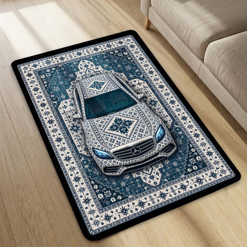 Mercedes Snowflake Pattern Area Rug | Scandinavian Luxury Car Floor Mat | Nordic Blue Ceramic Style Rug for Bedroom, Gaming Room & Modern Home Decor