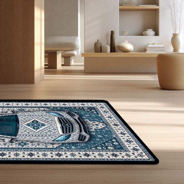 Mercedes Snowflake Pattern Area Rug | Scandinavian Luxury Car Floor Mat | Nordic Blue Ceramic Style Rug for Bedroom, Gaming Room & Modern Home Decor