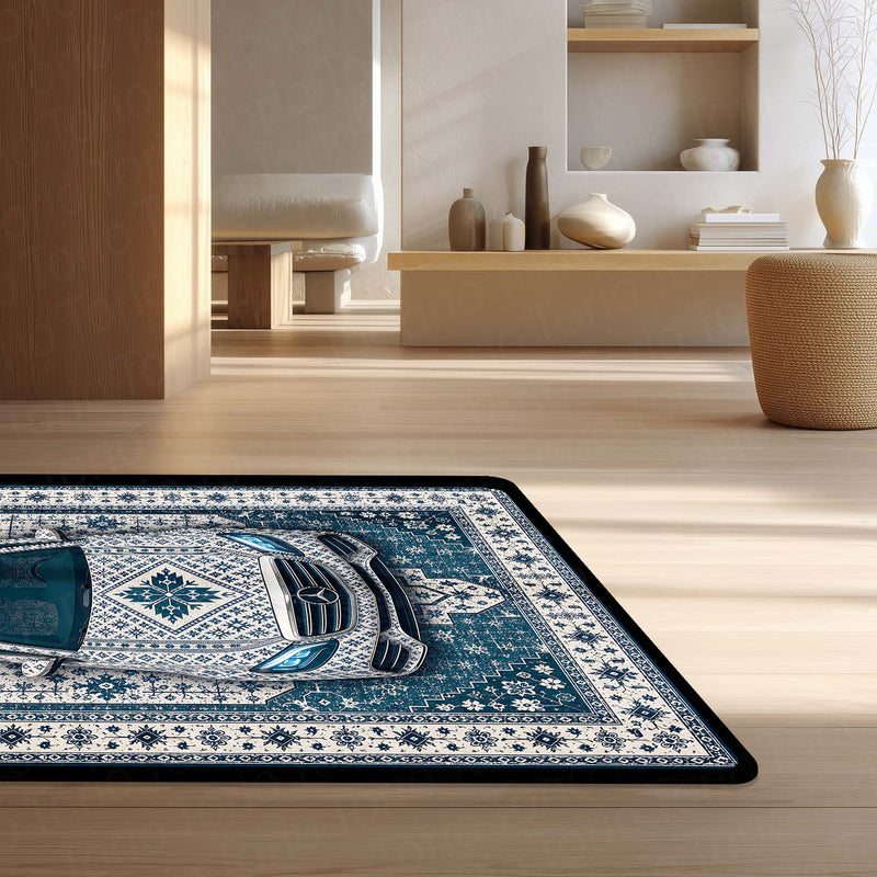 Mercedes Snowflake Pattern Area Rug | Scandinavian Luxury Car Floor Mat | Nordic Blue Ceramic Style Rug for Bedroom, Gaming Room & Modern Home Decor