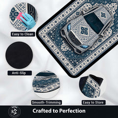 Mercedes Snowflake Pattern Area Rug | Scandinavian Luxury Car Floor Mat | Nordic Blue Ceramic Style Rug for Bedroom, Gaming Room & Modern Home Decor