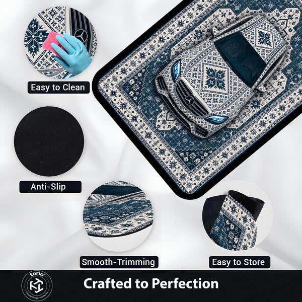 Mercedes Snowflake Pattern Area Rug | Scandinavian Luxury Car Floor Mat | Nordic Blue Ceramic Style Rug for Bedroom, Gaming Room & Modern Home Decor
