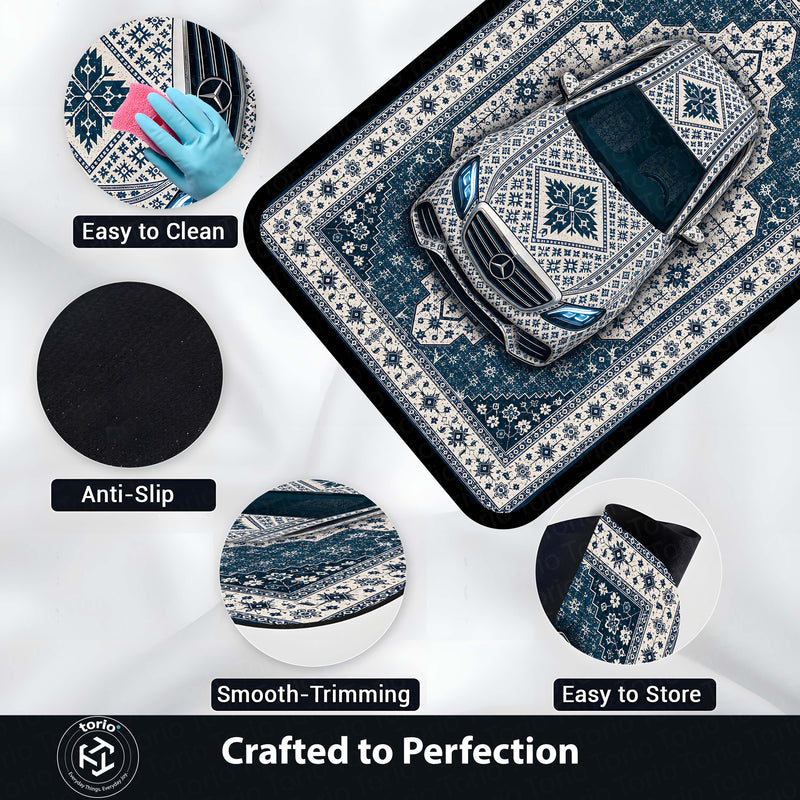 Mercedes Snowflake Pattern Area Rug | Scandinavian Luxury Car Floor Mat | Nordic Blue Ceramic Style Rug for Bedroom, Gaming Room & Modern Home Decor