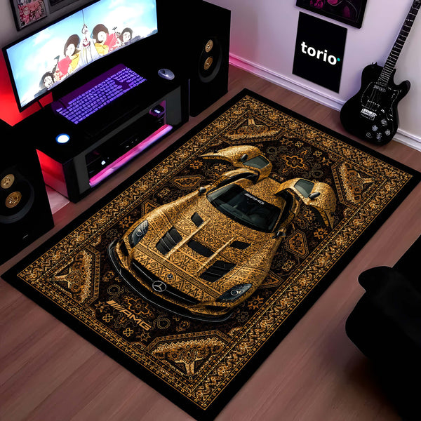 Mercedes-Benz AMG Persian Wrap Area Rug | Luxury Supercar Floor Mat | Gold Arabian Pattern Automotive Rug for Bedroom, Gaming Room, Garage & Car Enthusiast Decor