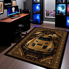 Mercedes-Benz AMG Persian Wrap Area Rug | Luxury Supercar Floor Mat | Gold Arabian Pattern Automotive Rug for Bedroom, Gaming Room, Garage & Car Enthusiast Decor