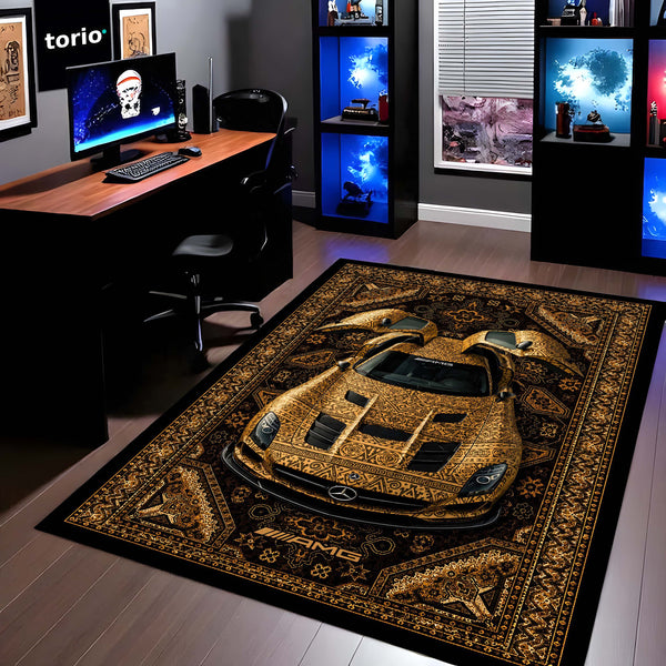 Mercedes-Benz AMG Persian Wrap Area Rug | Luxury Supercar Floor Mat | Gold Arabian Pattern Automotive Rug for Bedroom, Gaming Room, Garage & Car Enthusiast Decor