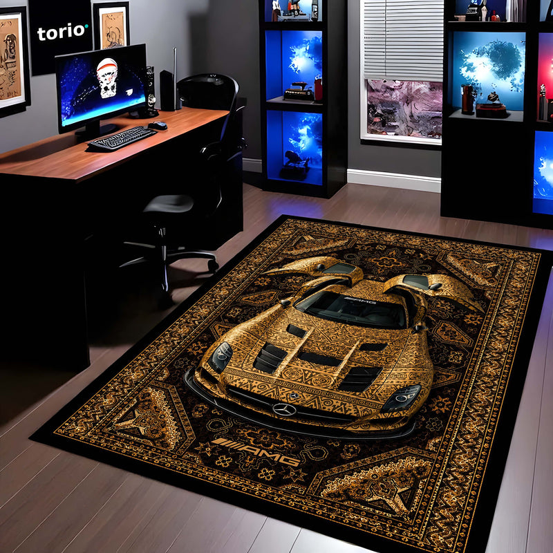 Mercedes-Benz AMG Persian Wrap Area Rug | Luxury Supercar Floor Mat | Gold Arabian Pattern Automotive Rug for Bedroom, Gaming Room, Garage & Car Enthusiast Decor