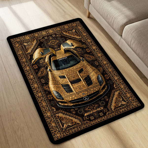 Mercedes-Benz AMG Persian Wrap Area Rug | Luxury Supercar Floor Mat | Gold Arabian Pattern Automotive Rug for Bedroom, Gaming Room, Garage & Car Enthusiast Decor