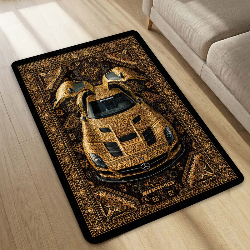 Mercedes-Benz AMG Persian Wrap Area Rug | Luxury Supercar Floor Mat | Gold Arabian Pattern Automotive Rug for Bedroom, Gaming Room, Garage & Car Enthusiast Decor
