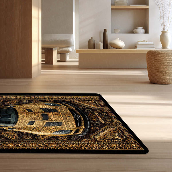 Mercedes-Benz AMG Persian Wrap Area Rug | Luxury Supercar Floor Mat | Gold Arabian Pattern Automotive Rug for Bedroom, Gaming Room, Garage & Car Enthusiast Decor